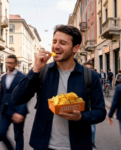Ragazzo sorridente in camicia aperta e maglietta chiara che porta alla bocca una patatina fritta ondulata, tenendo una vaschetta di cartone STARTUFO piena di patatine in una strada di Milano
